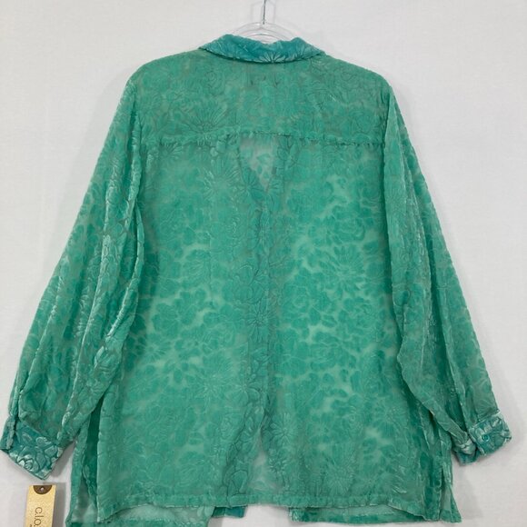 NWT Vintage C.l.o.t.h.e.s size 1X Kelly Green Floral Velvet Burn-out Button Down - Picture 9 of 11